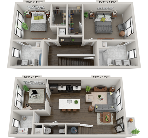 C2 two bedroom townhome with den floorplan